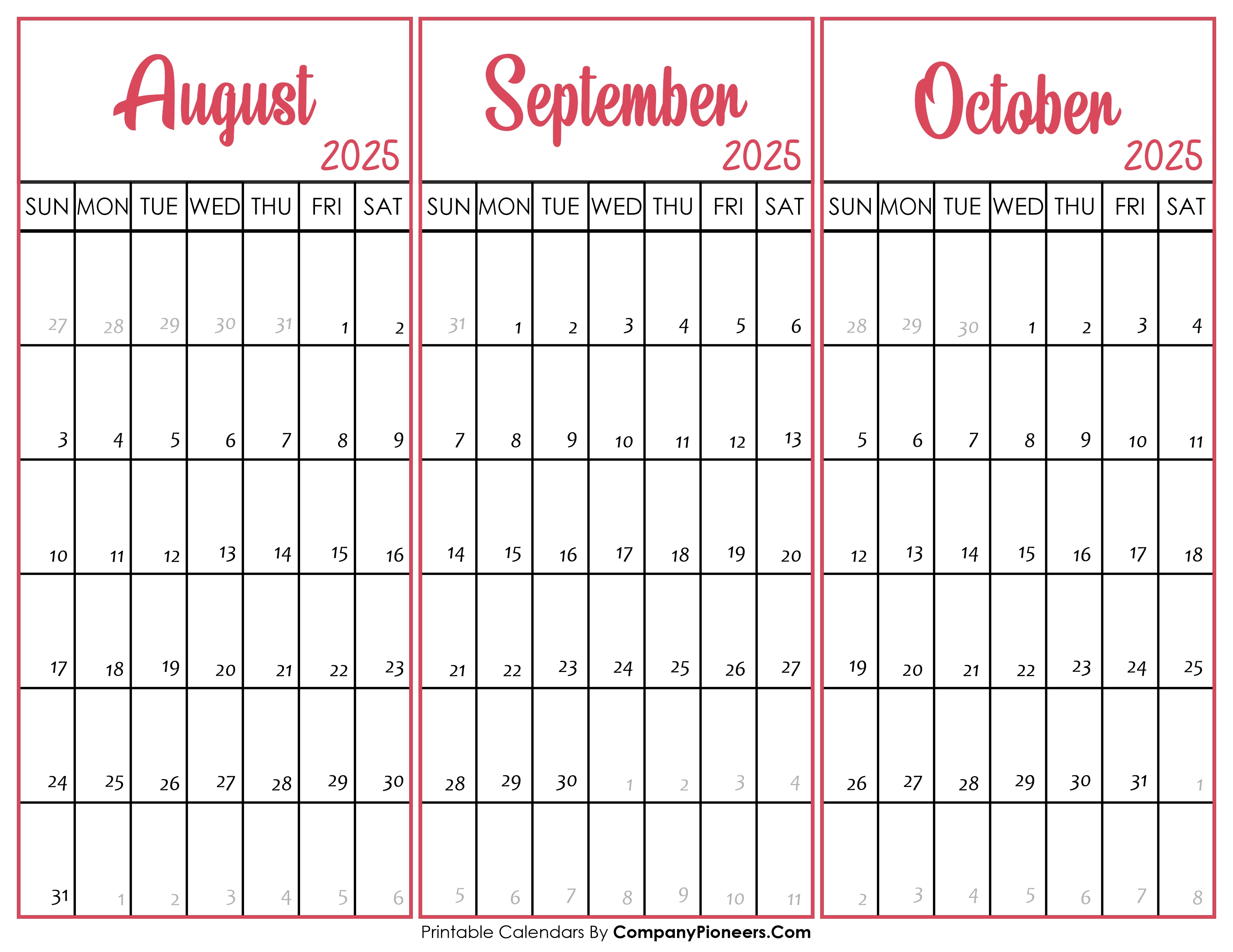 August September and October Calendar 2025