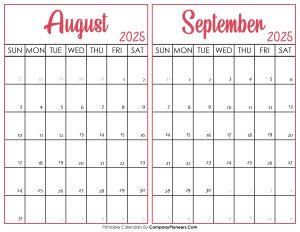 August and September Calendar 2025