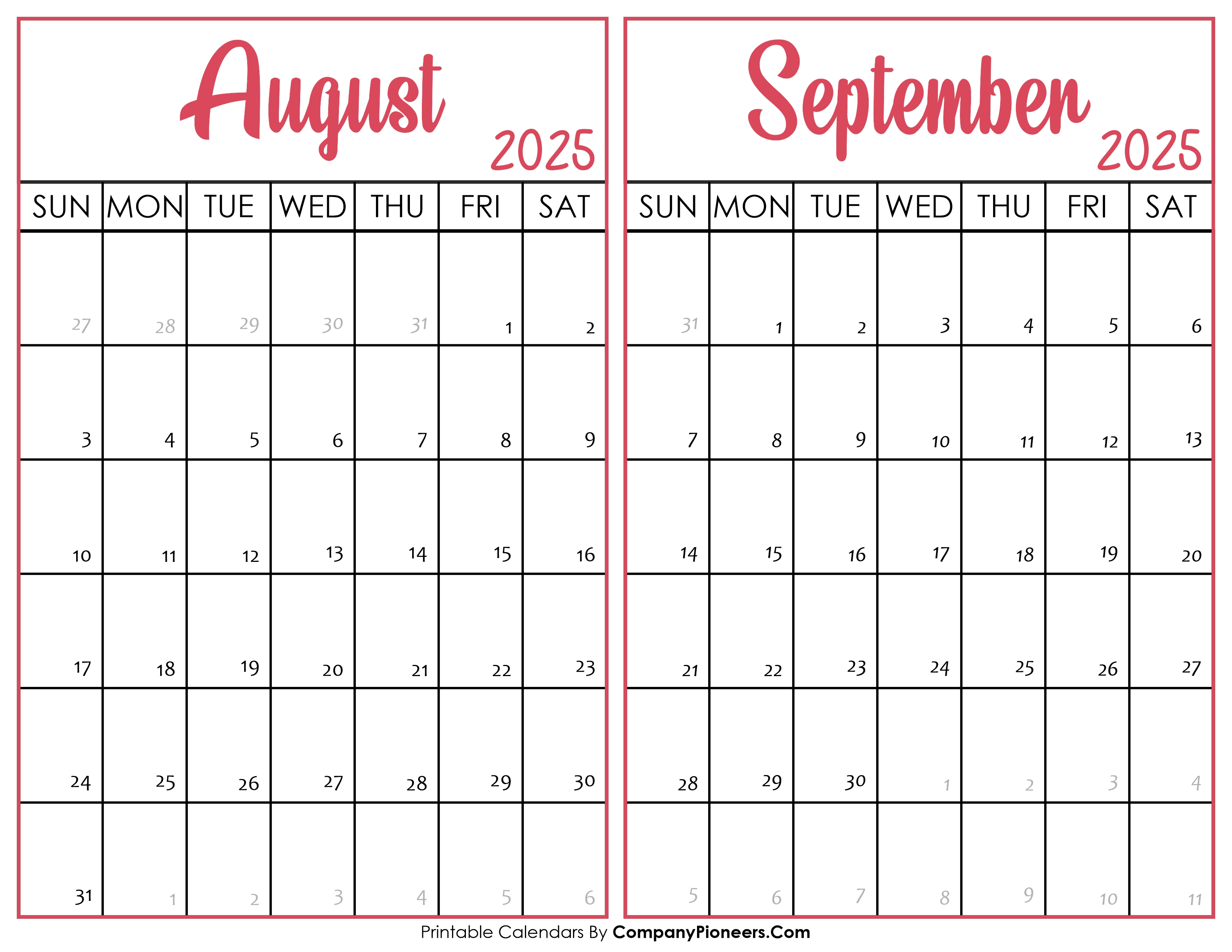 August and September Calendar 2025