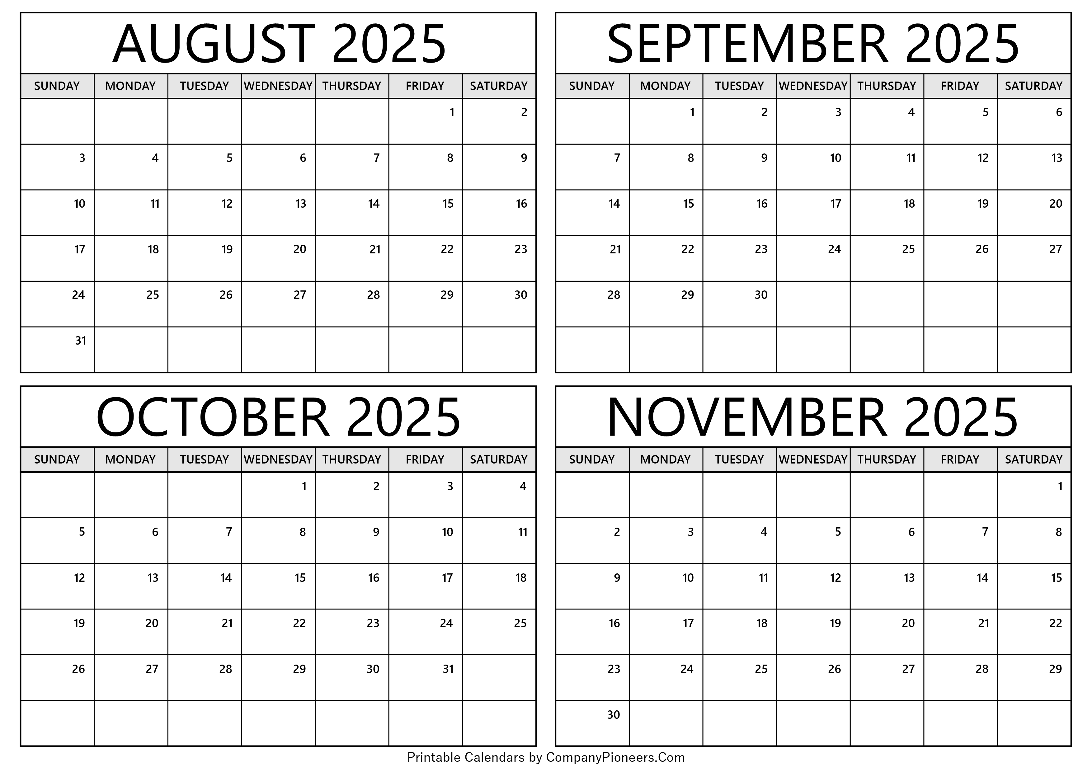 August to November 2025 Calendar