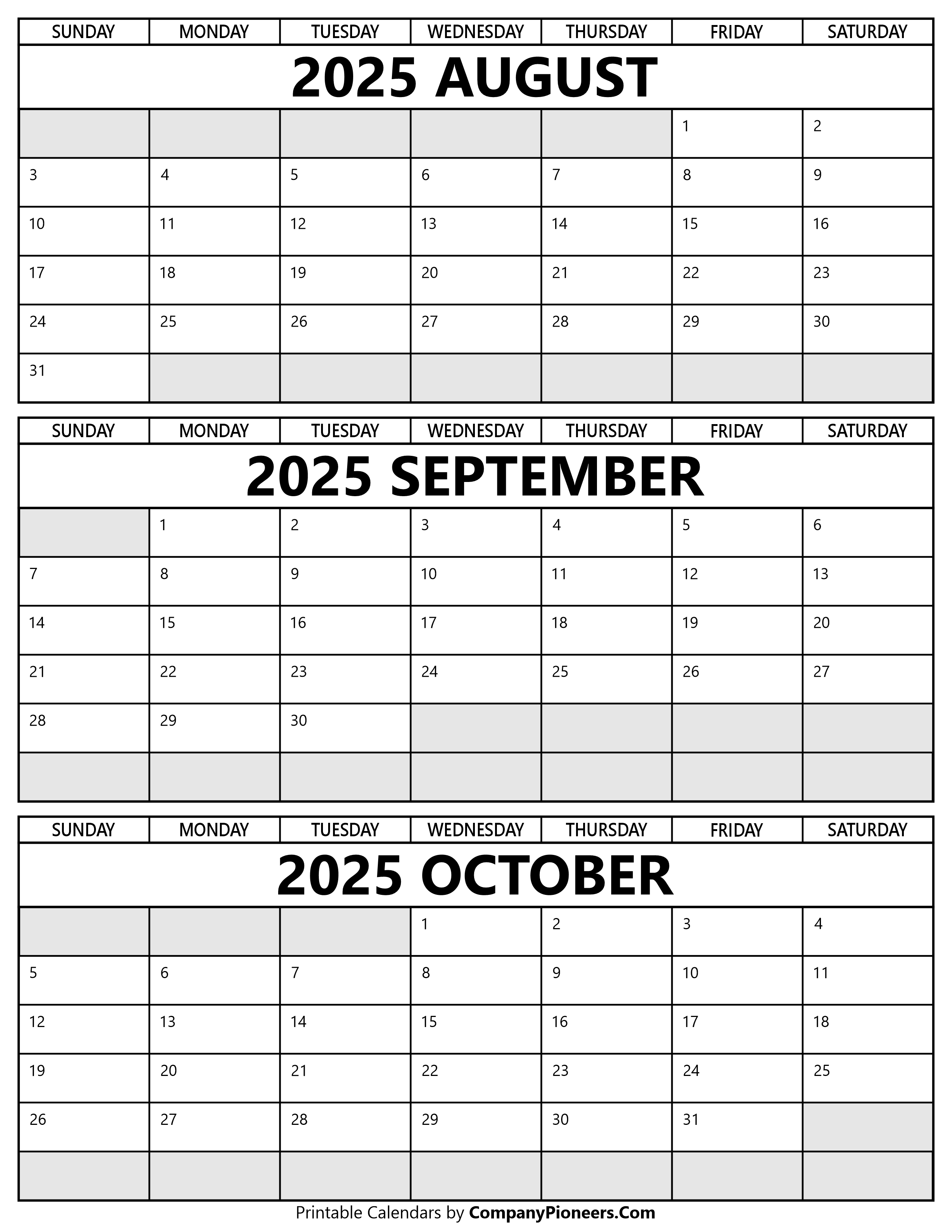 August to October 2025 Calendar