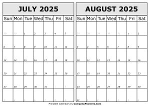 Calendar 2025 July August