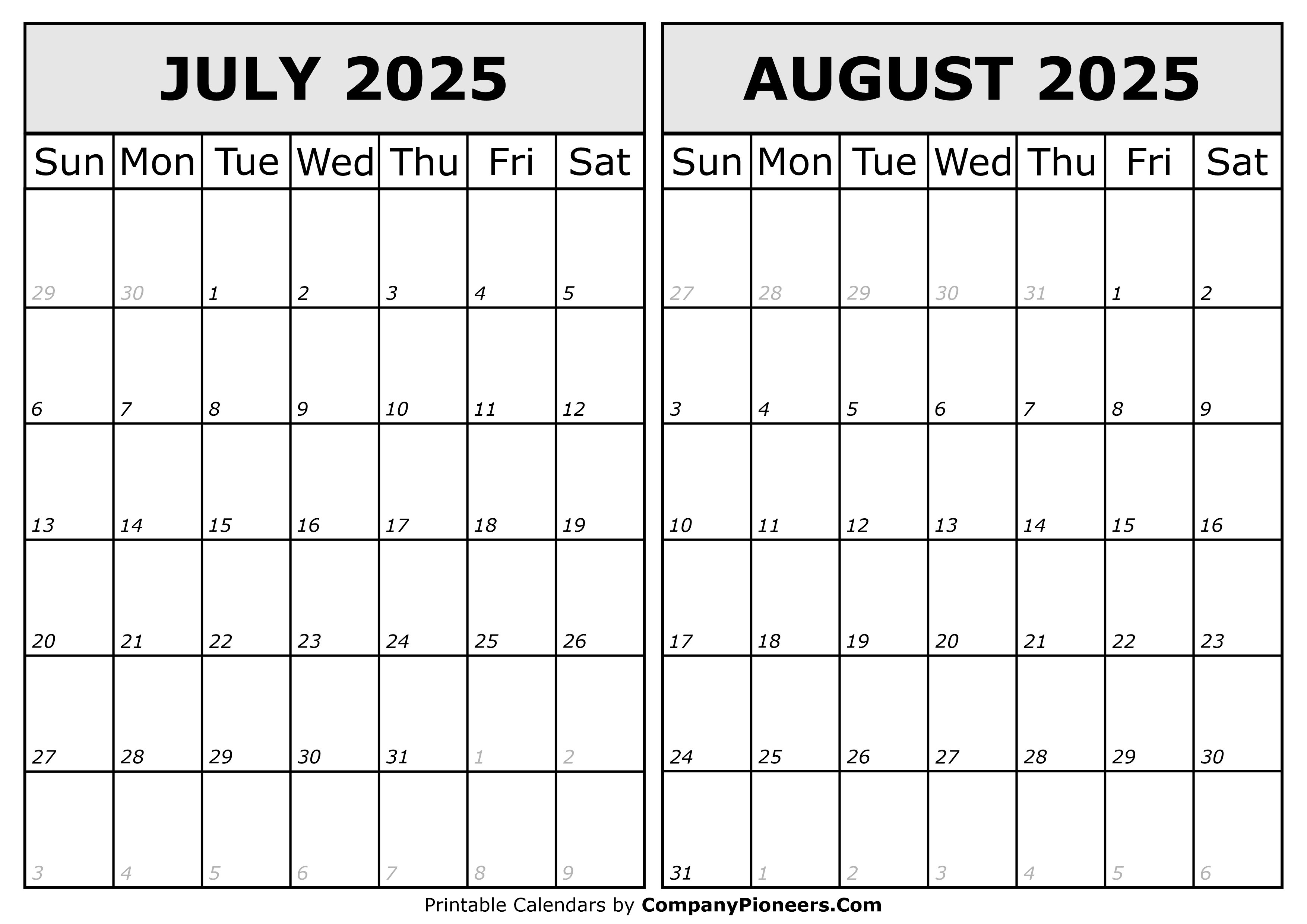 Calendar 2025 July August