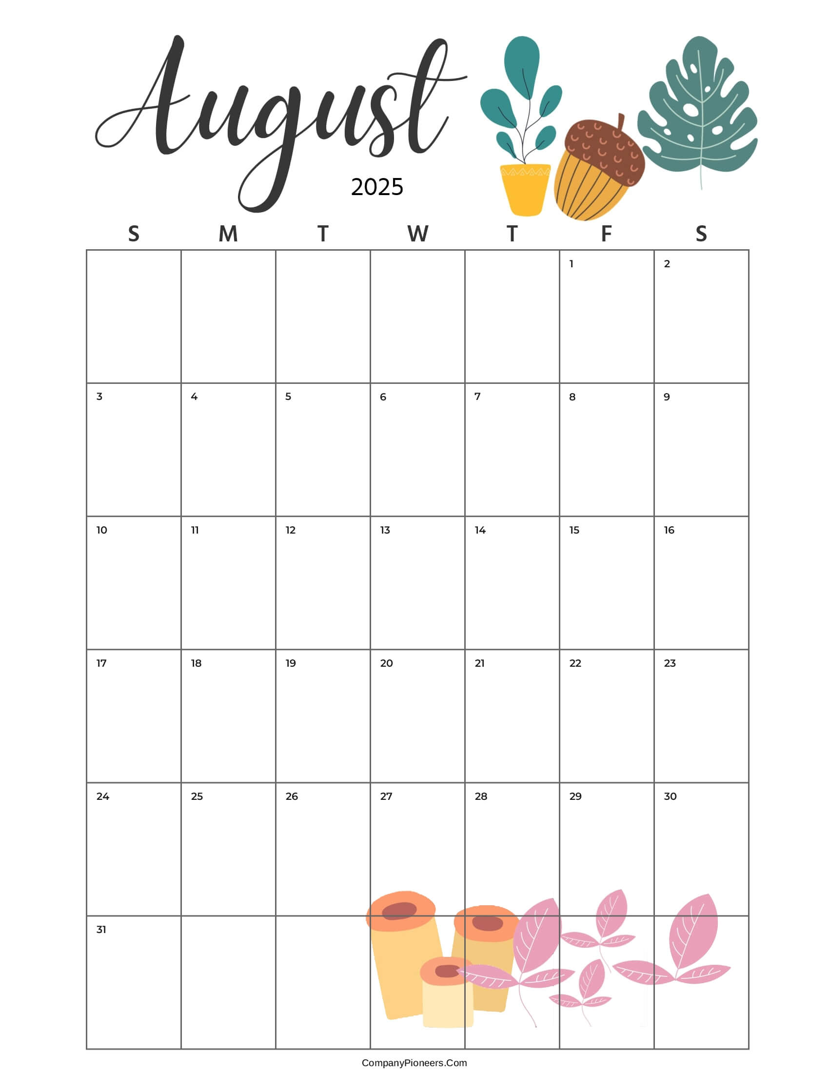 Calendar August 2025 Cute Cactus Leaves