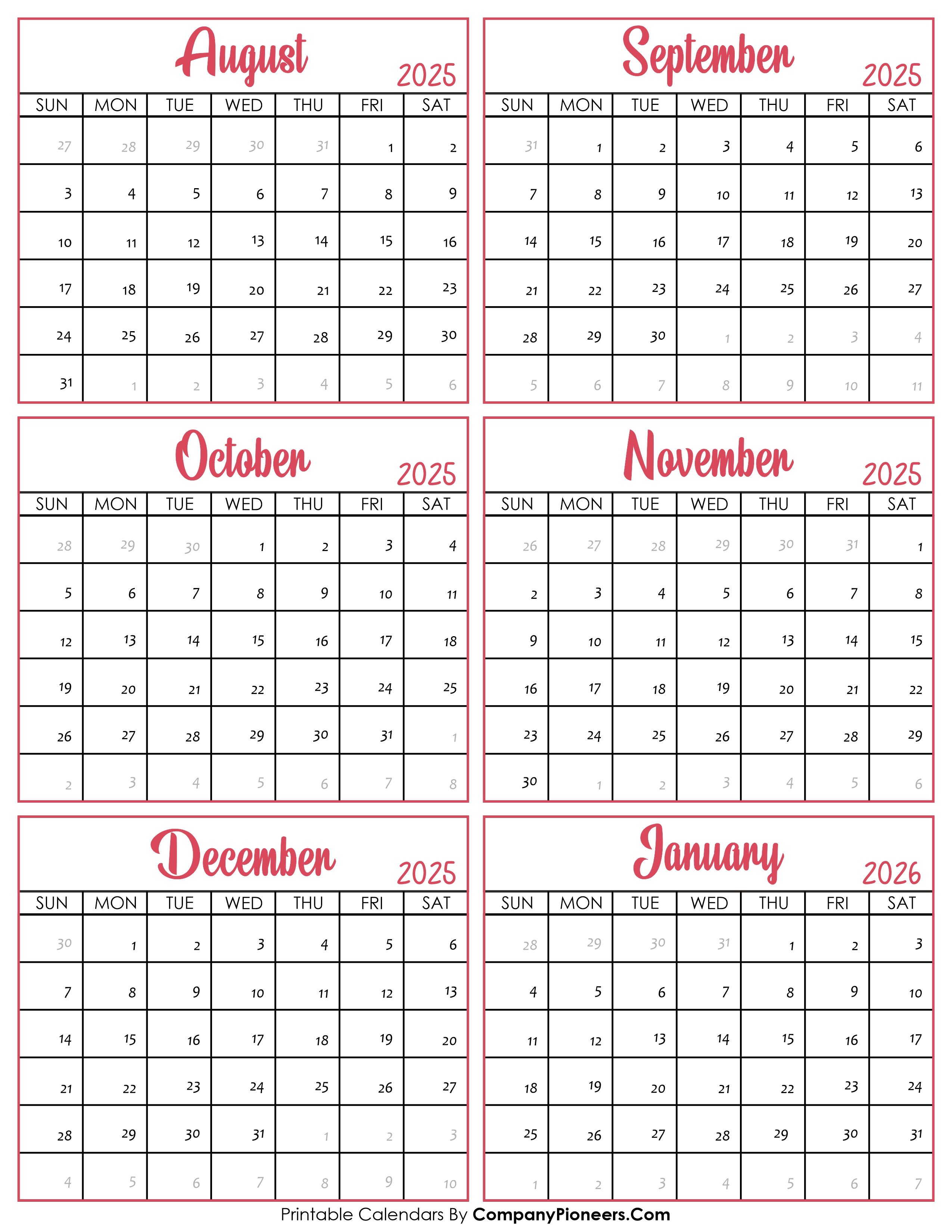 Calendar August 2025 to January 2026