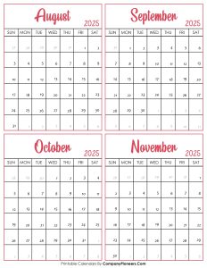 Calendar August to November 2025