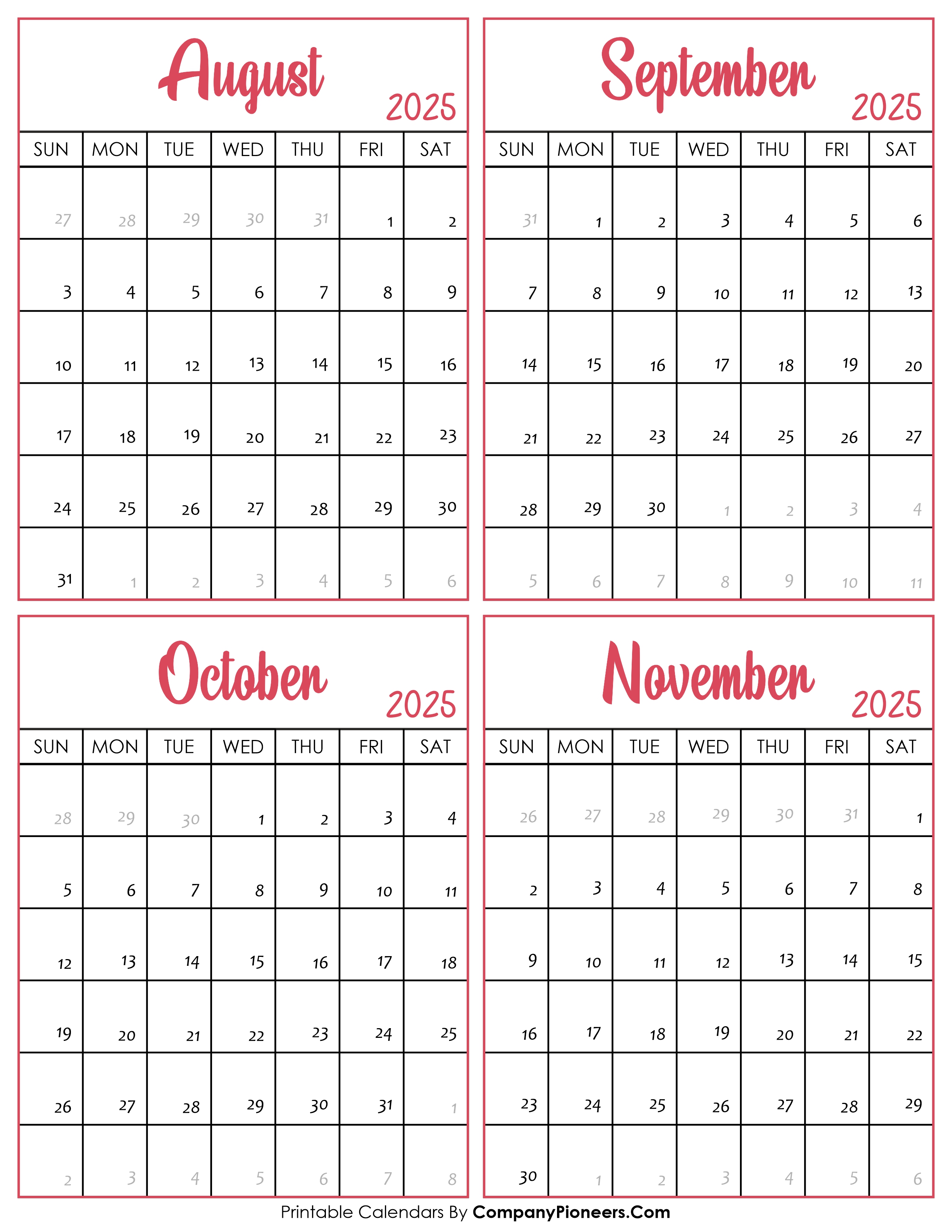 Calendar August to November 2025