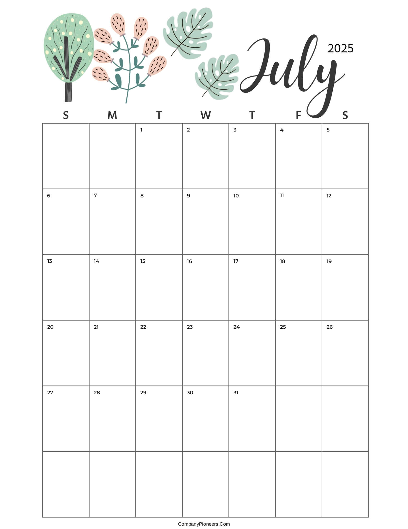 Calendar July 2025 Cute Cactus Leaves