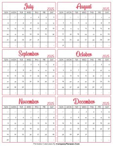 Calendar July to December 2025