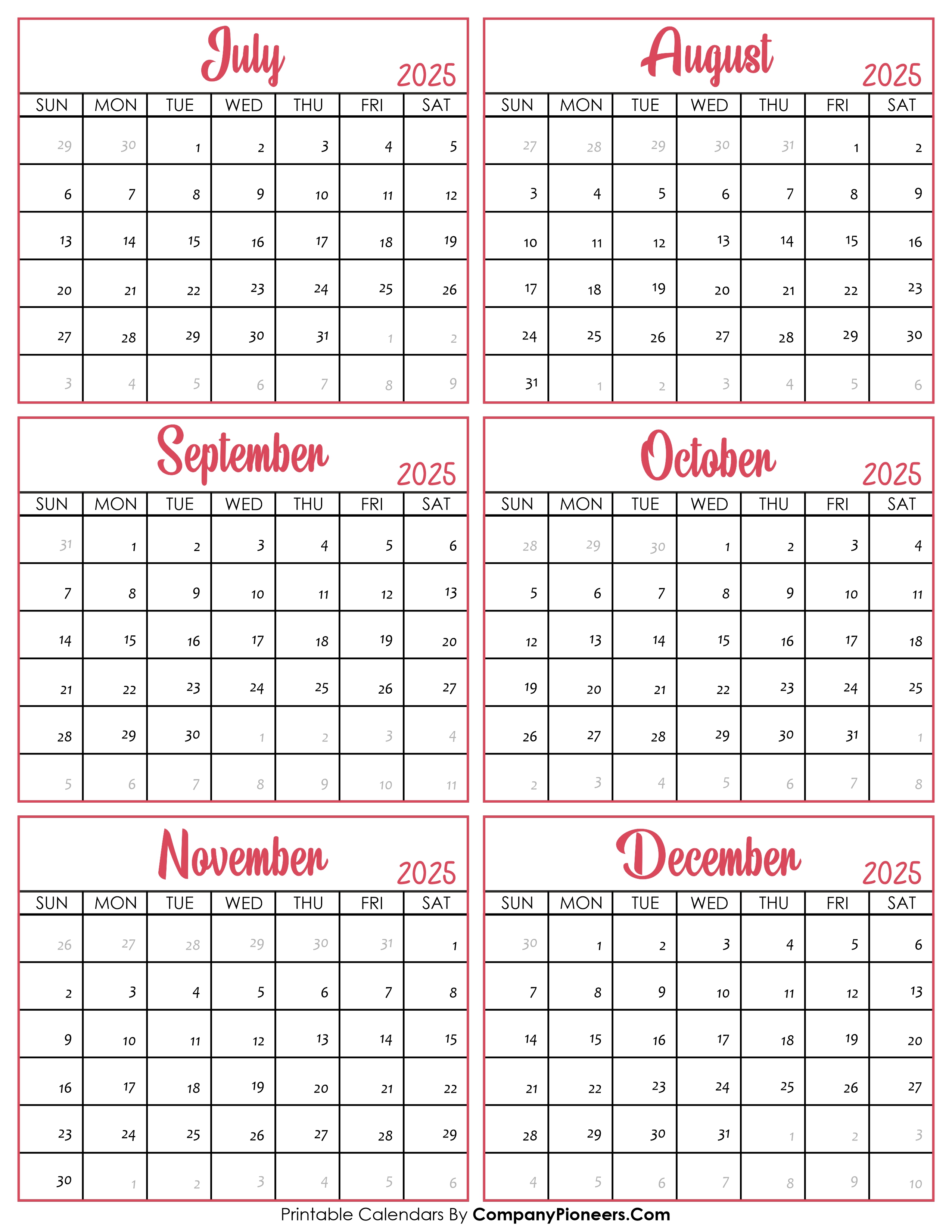 Calendar July to December 2025