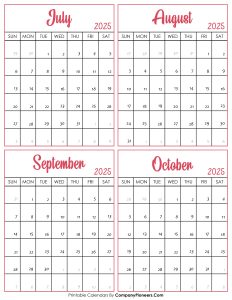 Calendar July to October 2025