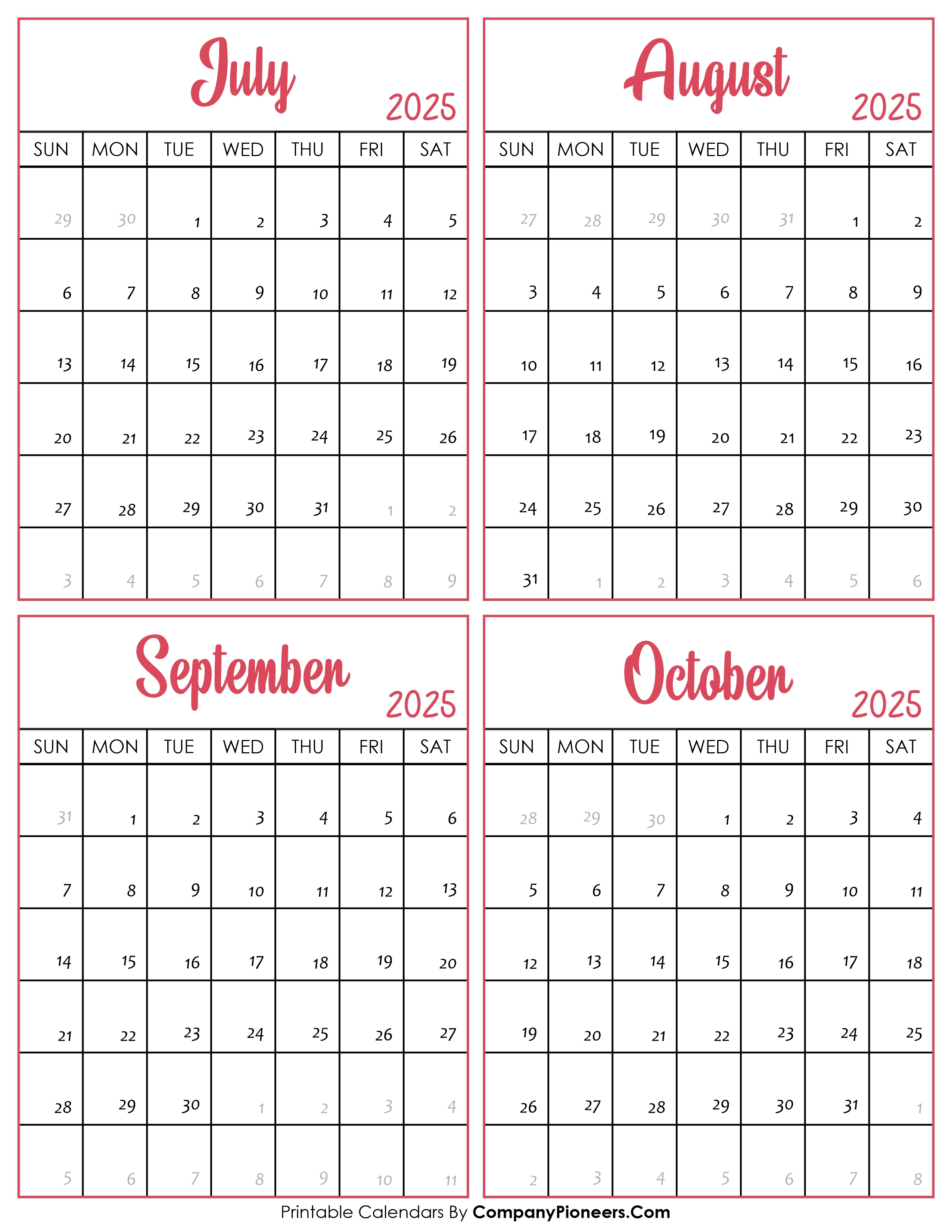 Calendar July to October 2025