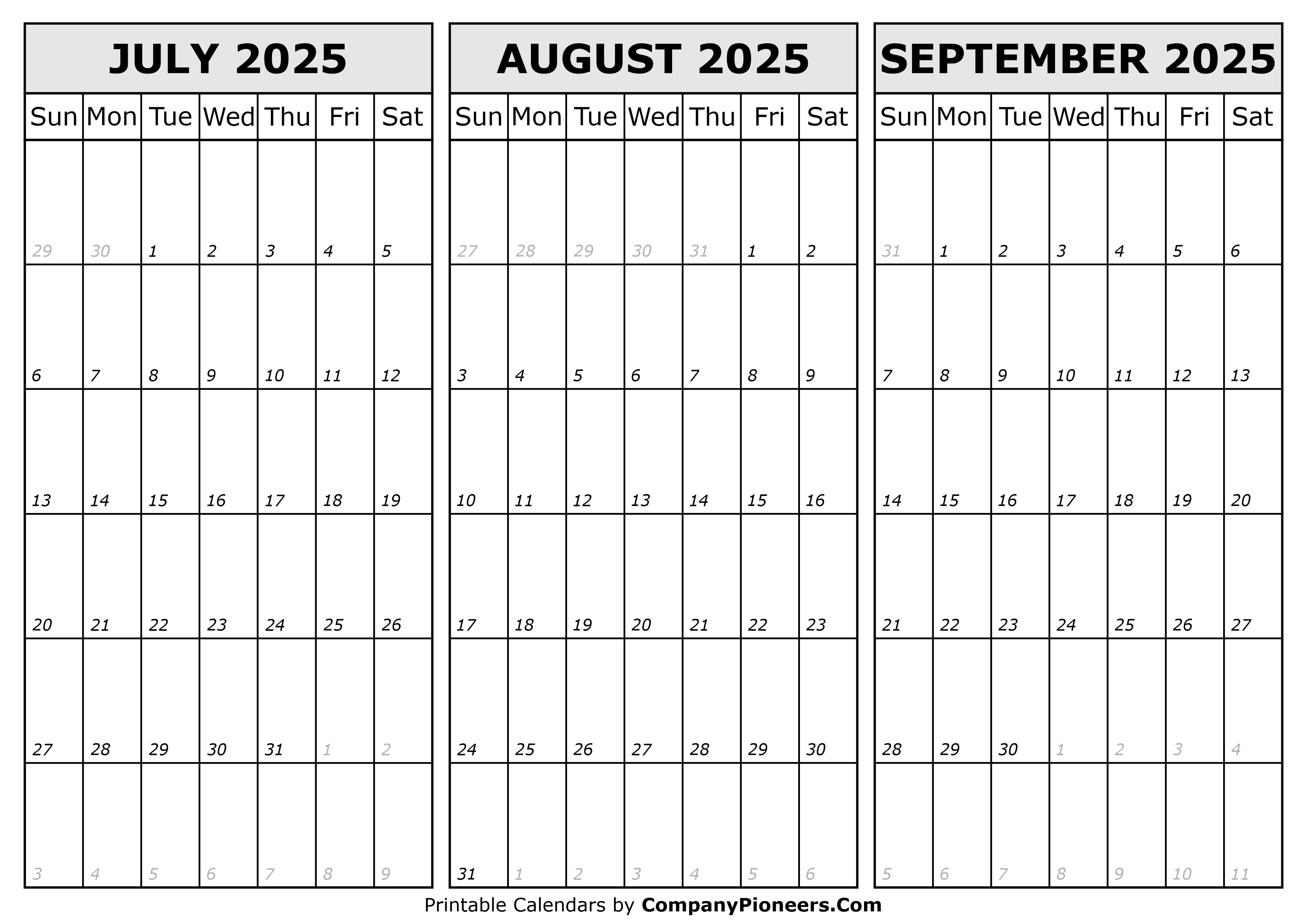 Calendar July to September 2025