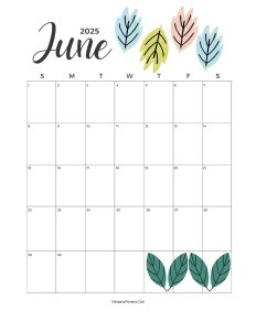 Calendar June 2025 Cute Cactus Leaves