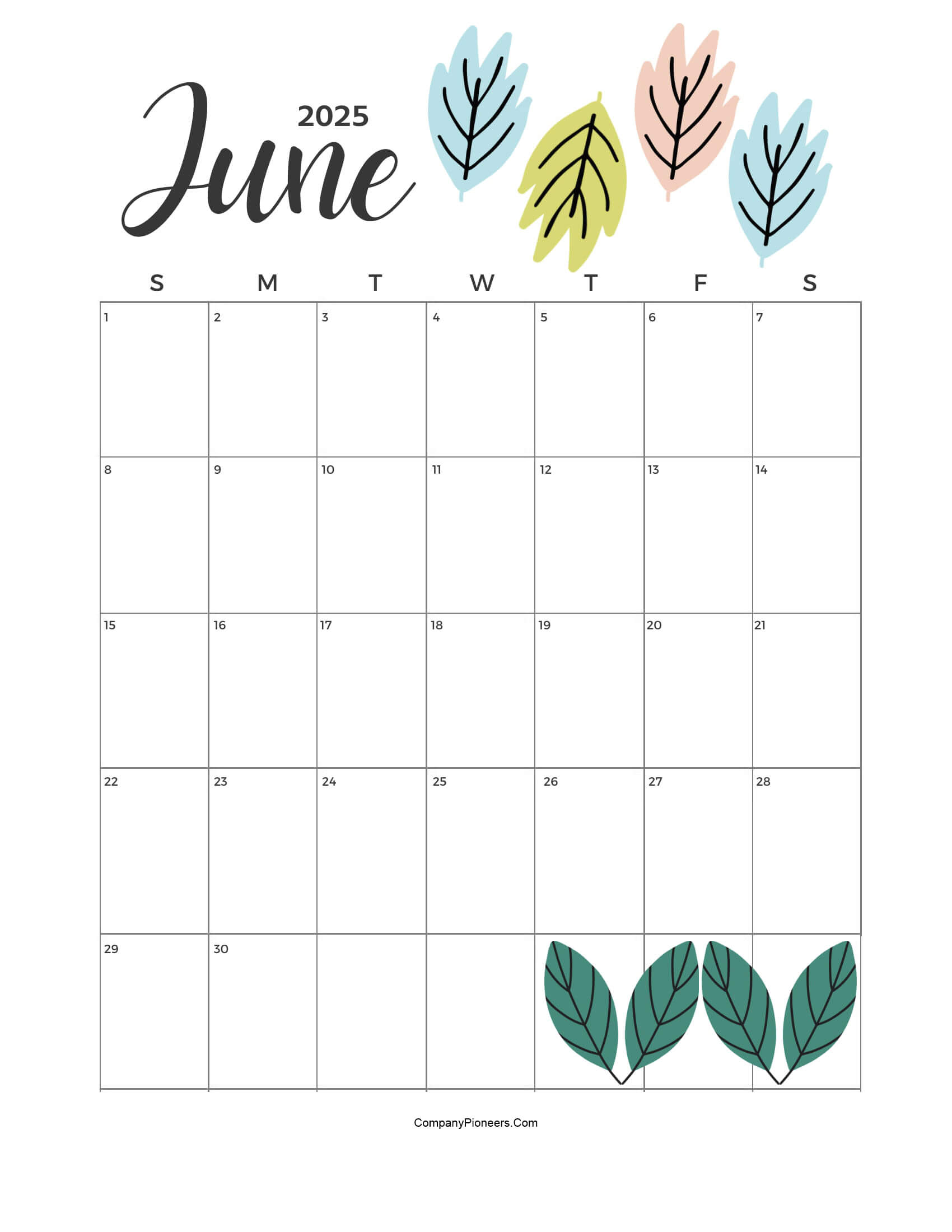 Calendar June 2025 Cute Cactus Leaves