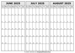 Calendar June to August 2025