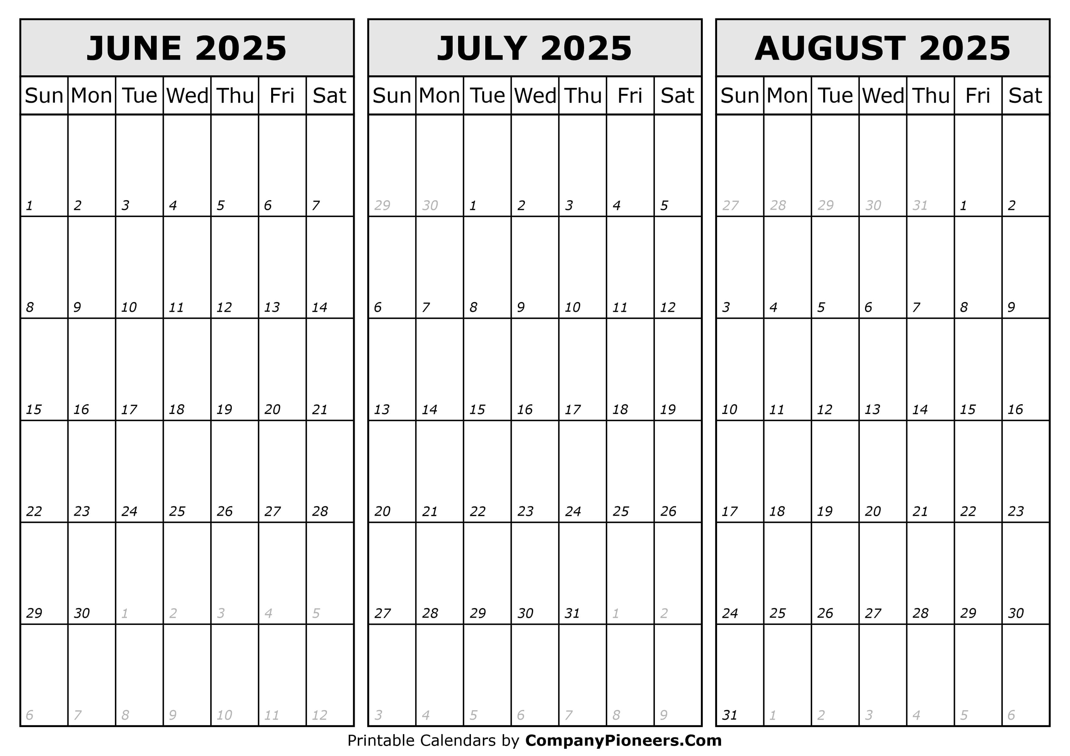 Calendar June to August 2025