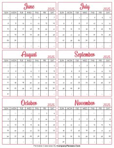 Calendar June to November 2025