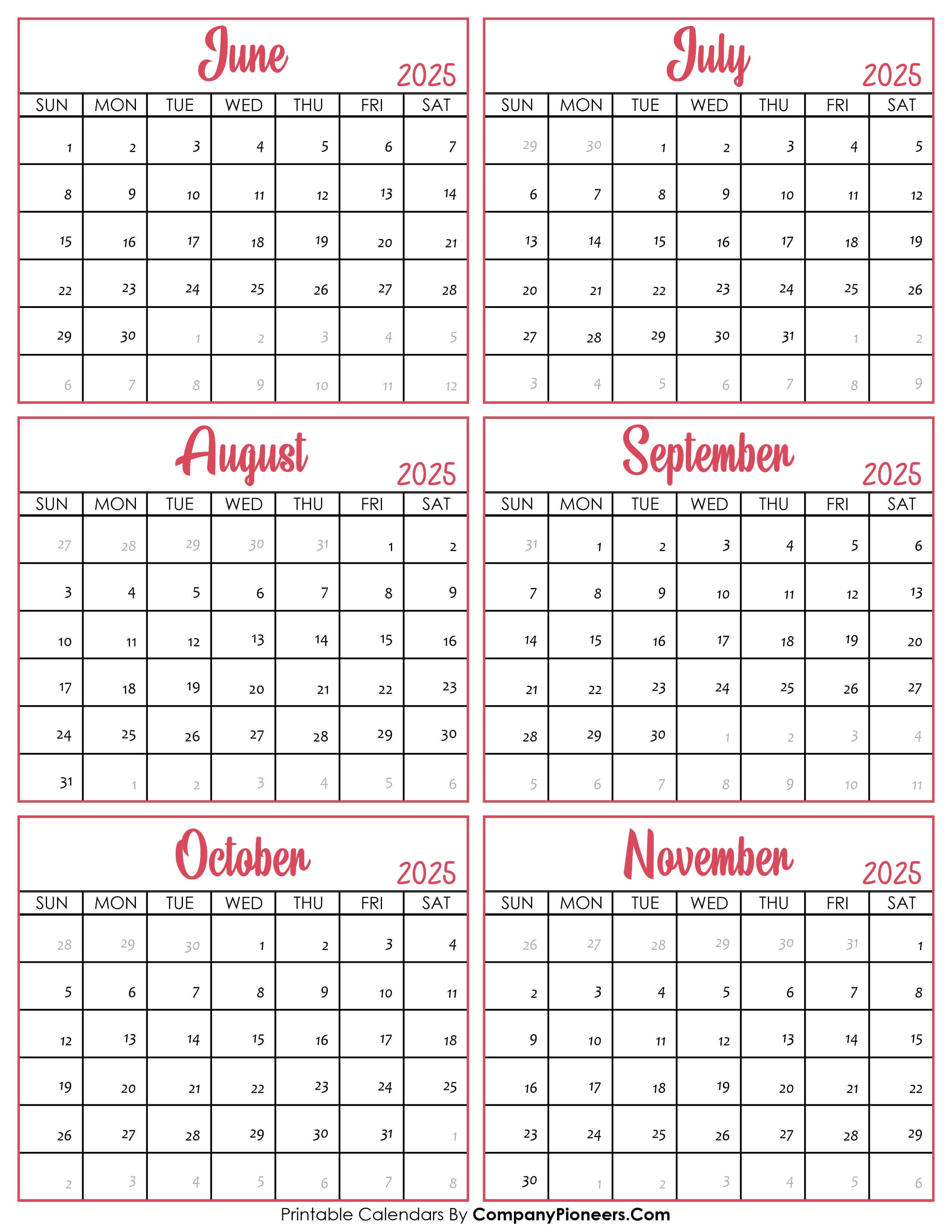 Calendar June to November 2025