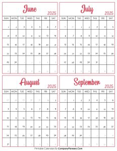 Calendar June to September 2025