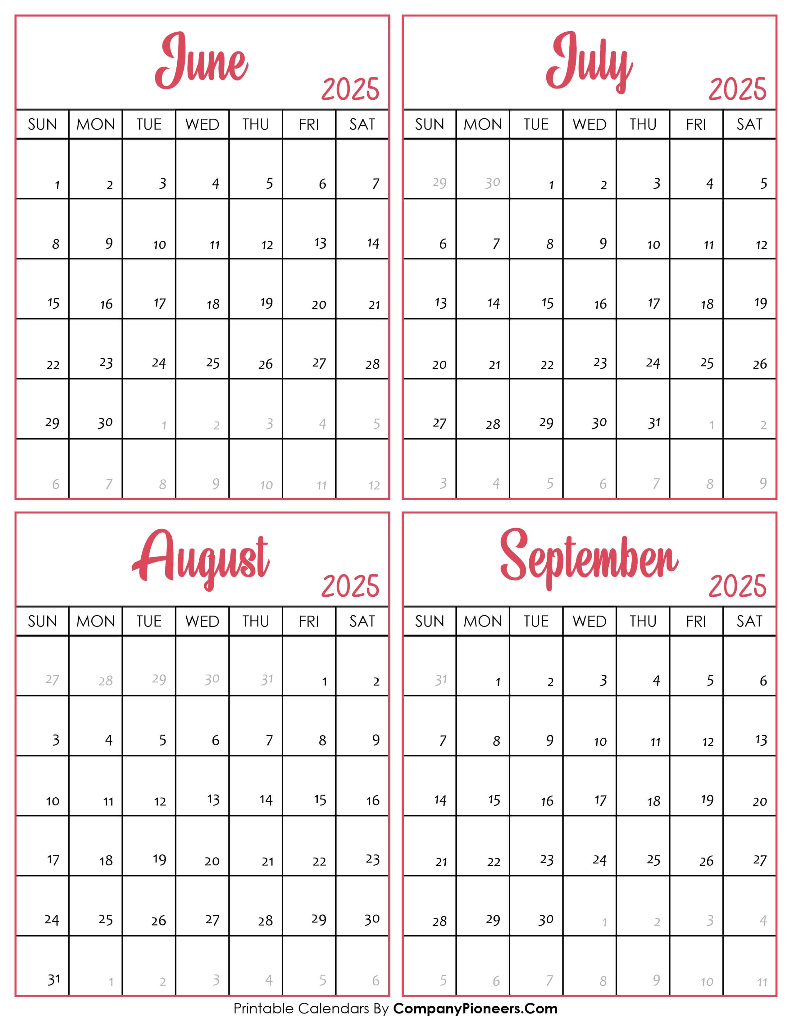 Calendar June to September 2025