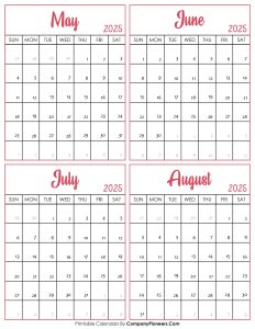 Calendar May to August 2025