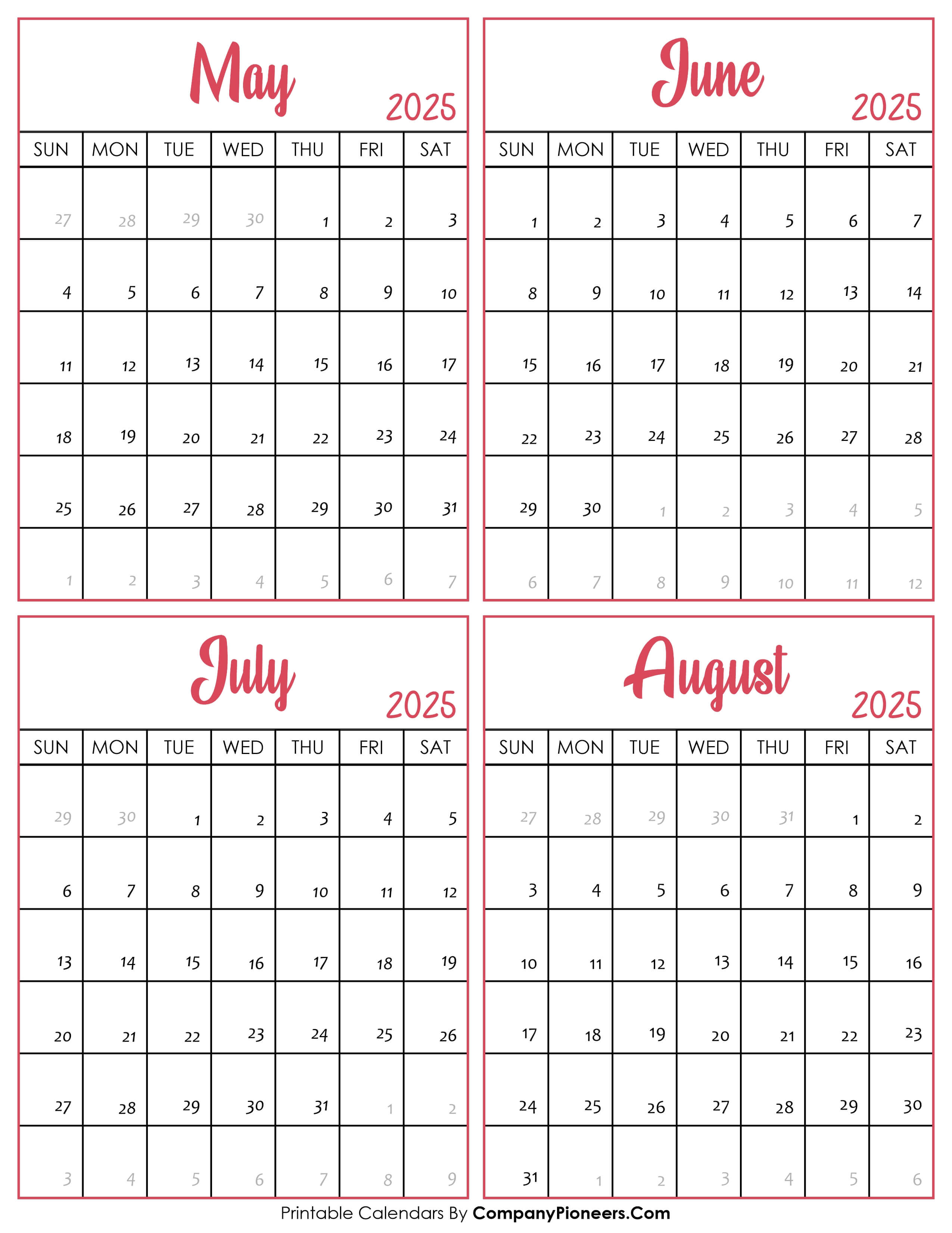 Calendar May to August 2025