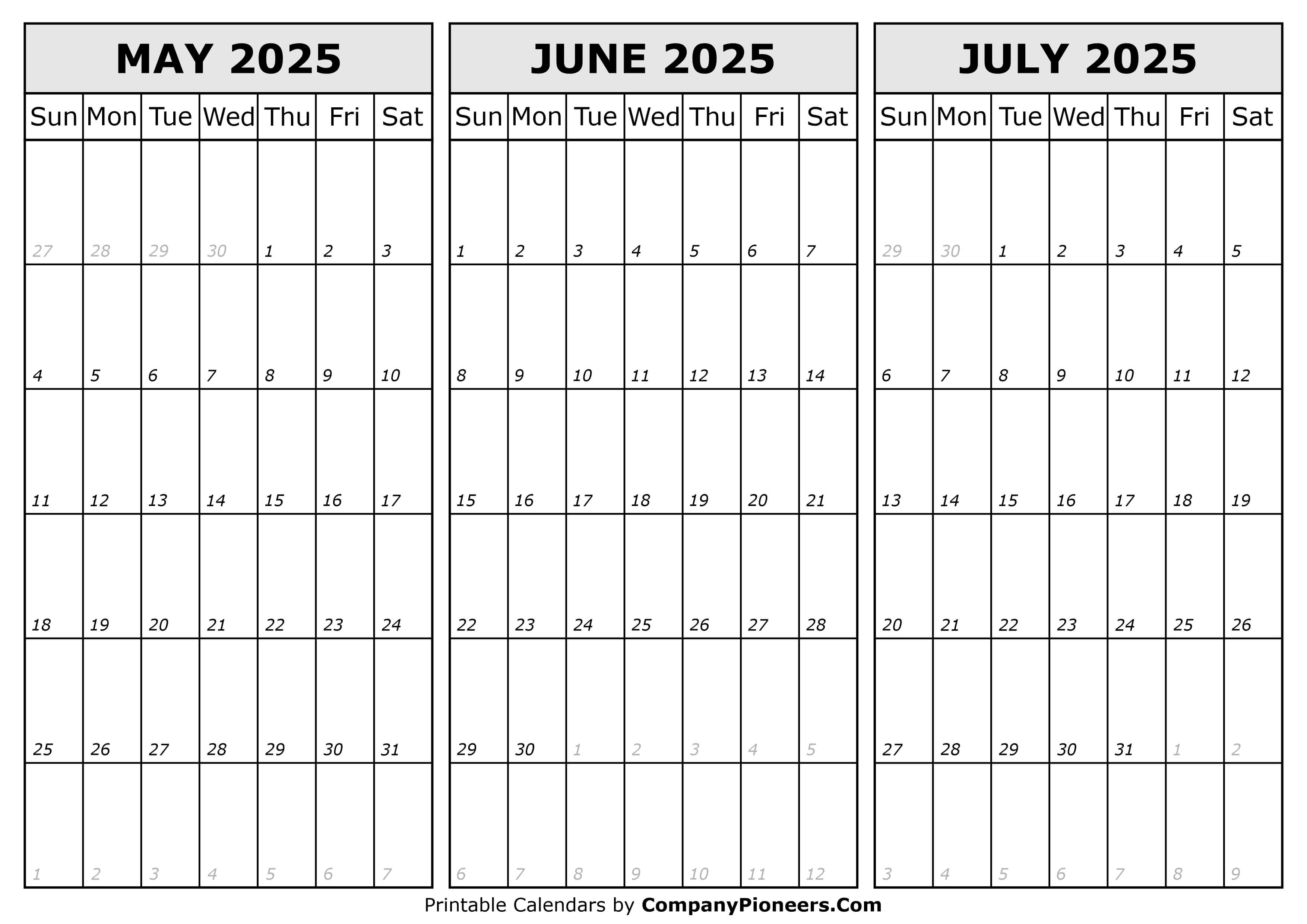 Calendar May to July 2025