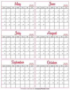 Calendar May to October 2025