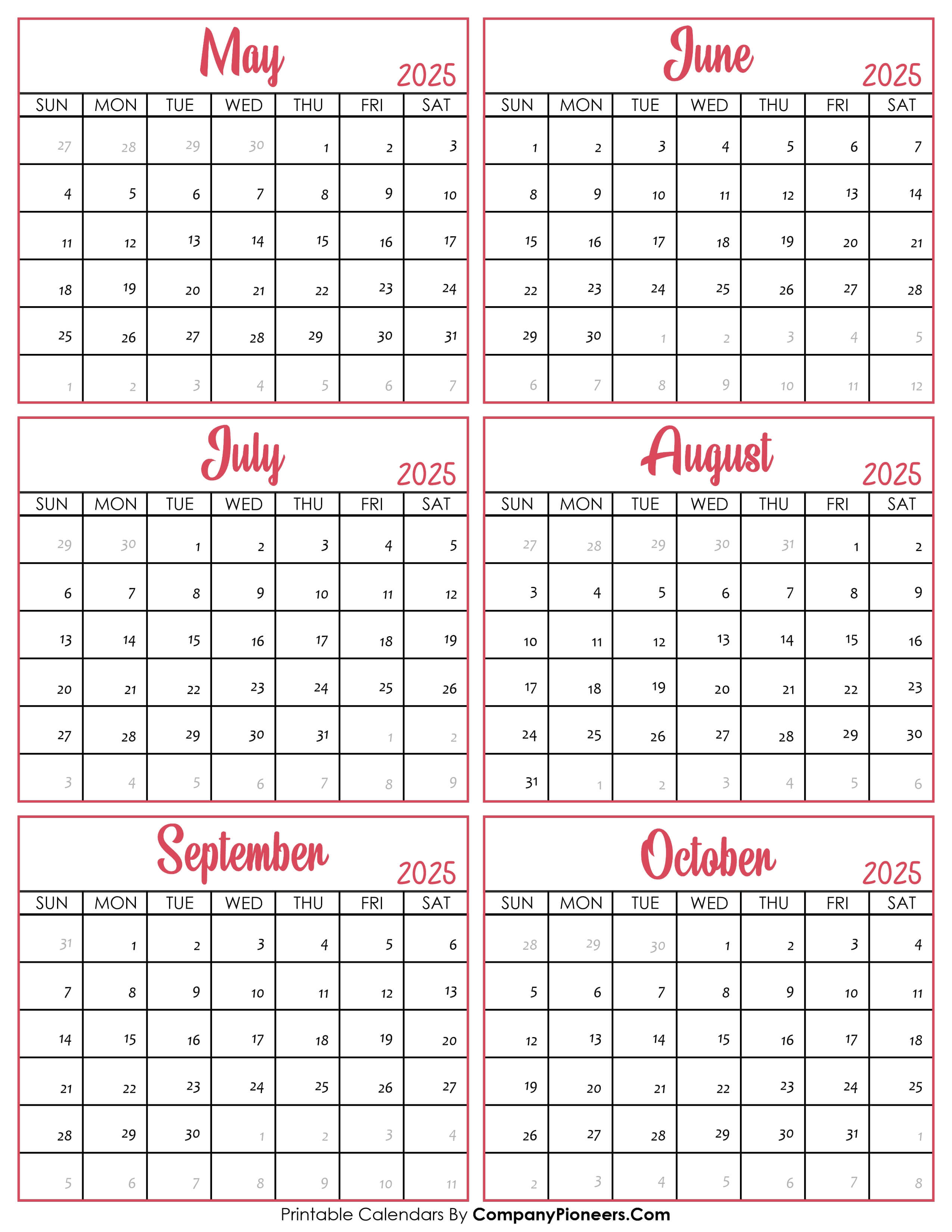 Calendar May to October 2025