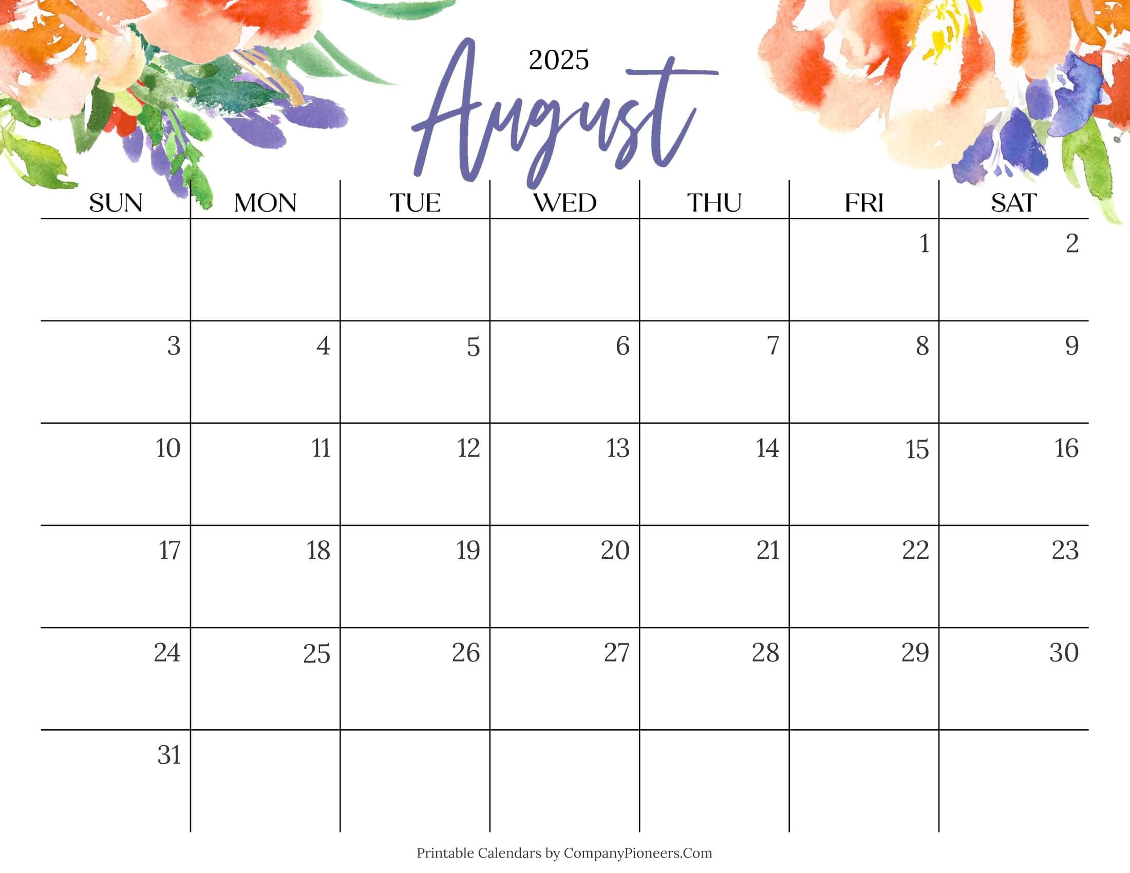 Cute August 2025 Calendar Multi Flower