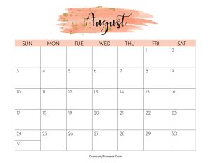 Cute August 2025 Calendar Printable Water Color