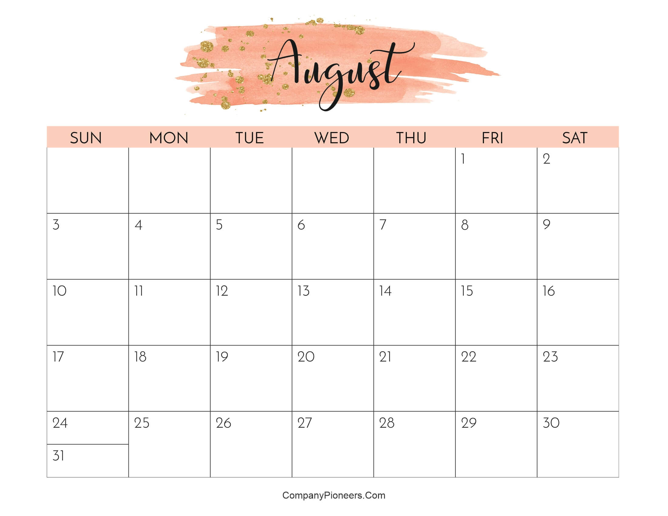 Cute August 2025 Calendar Printable Water Color