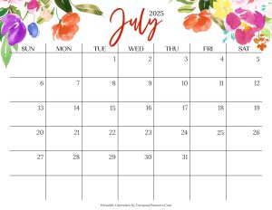 Cute July 2025 Calendar Multi Flower