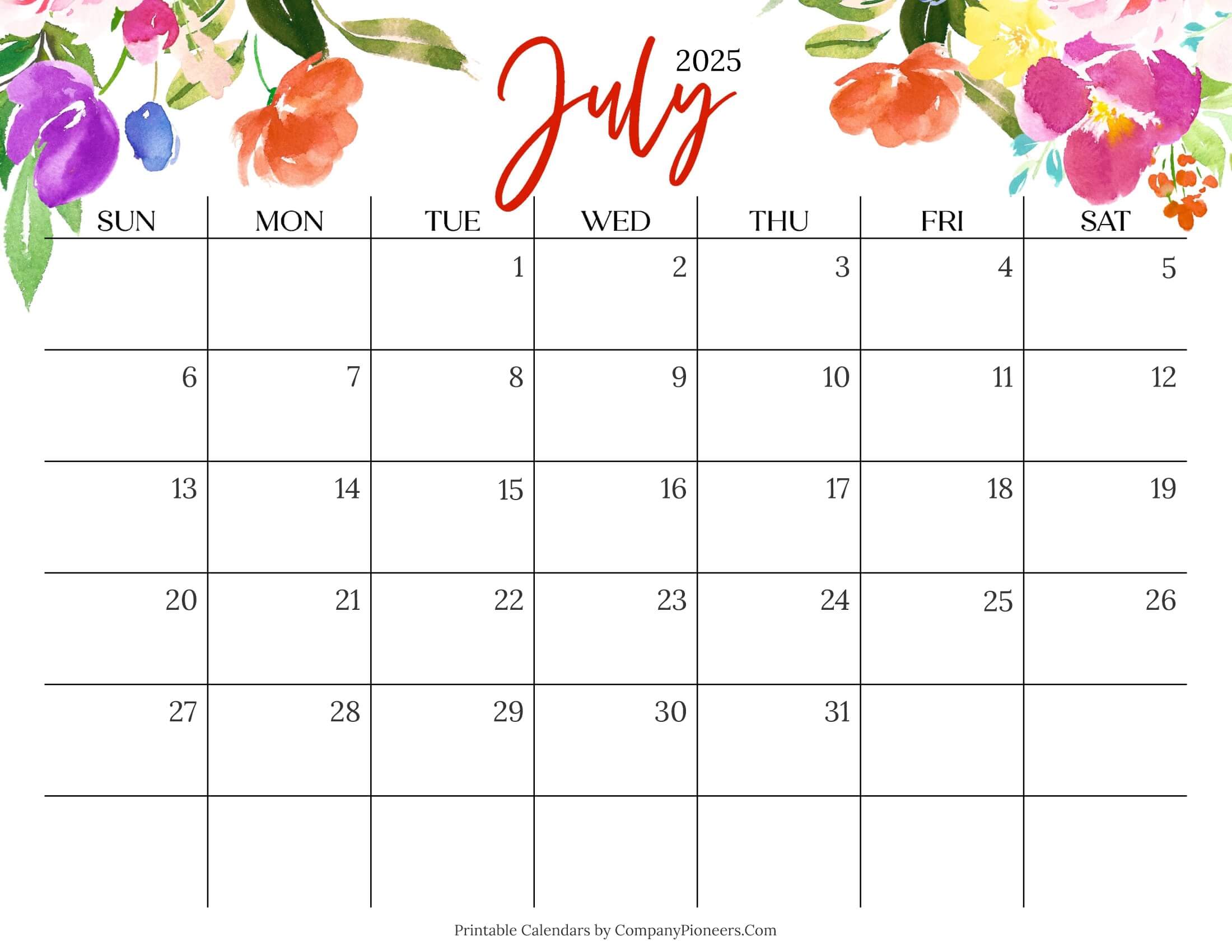 Cute July 2025 Calendar Multi Flower