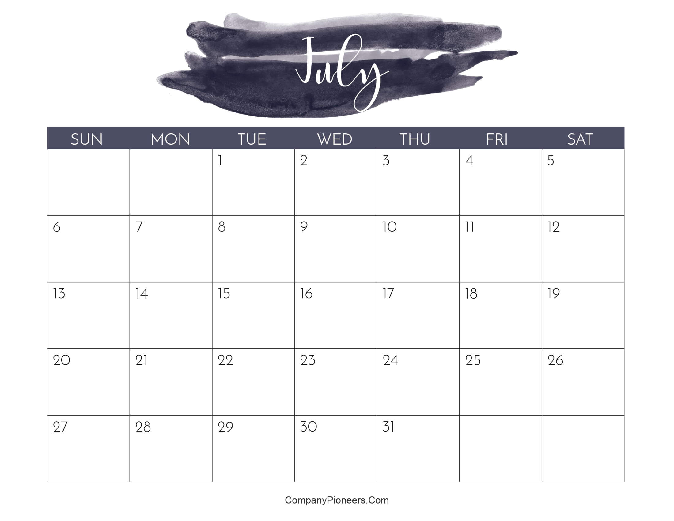 Cute July 2025 Calendar Printable Water Color