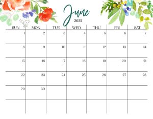 Cute June 2025 Calendar Multi Flower