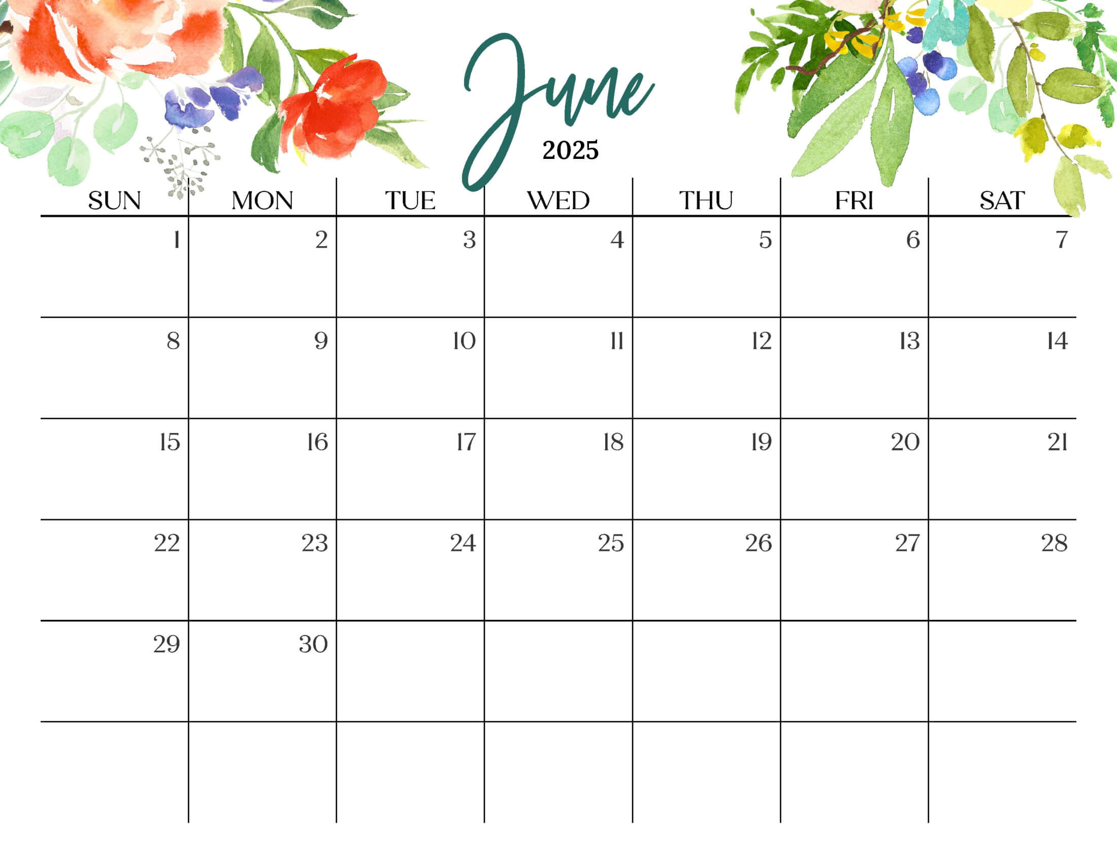 Cute June 2025 Calendar Multi Flower