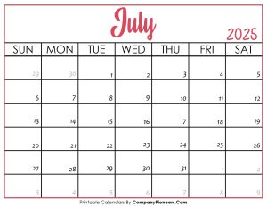 July 2025 Calendar Printable Pink Header