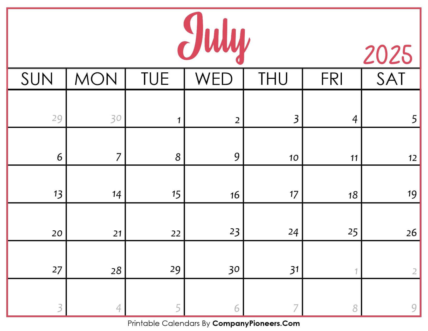 July 2025 Calendar Printable Pink Header