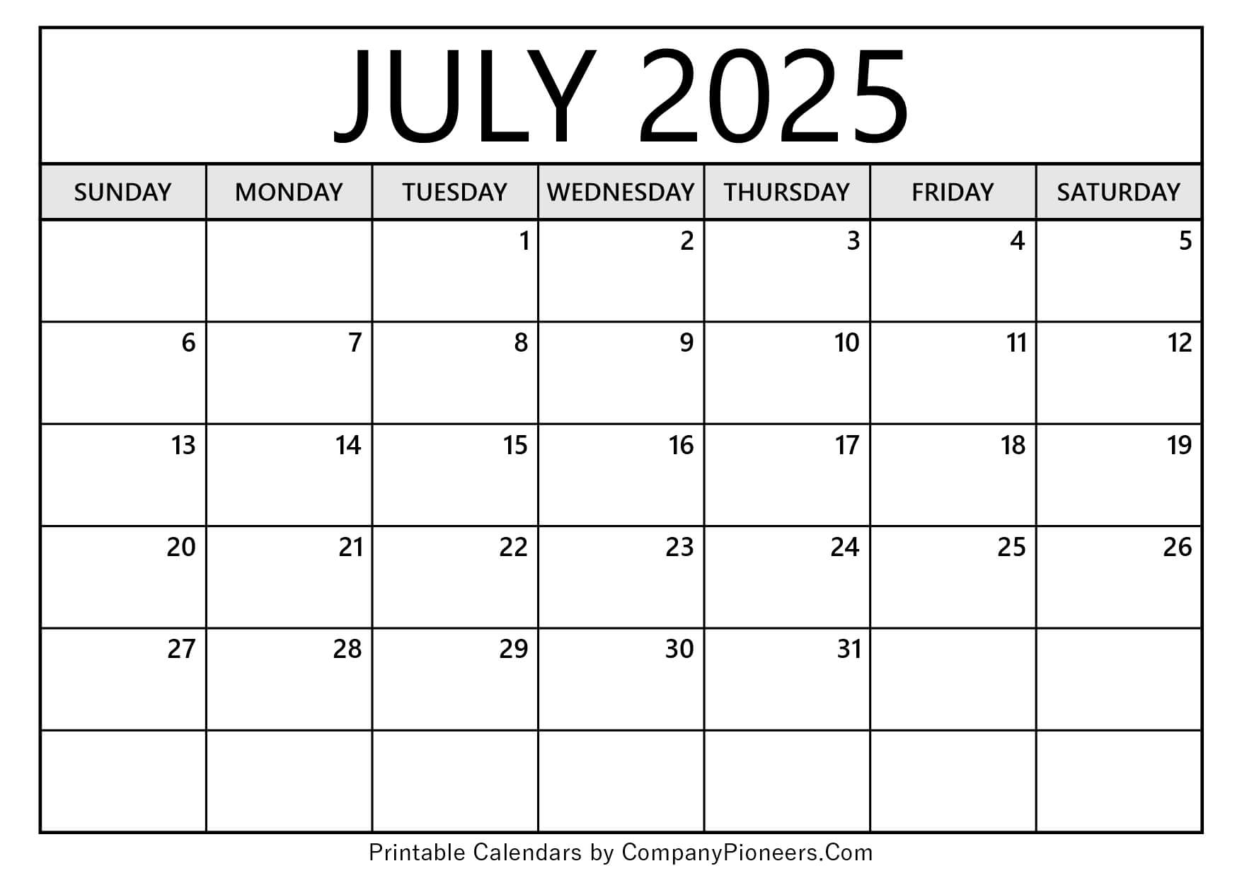 July 2025 Calendar Template Blank