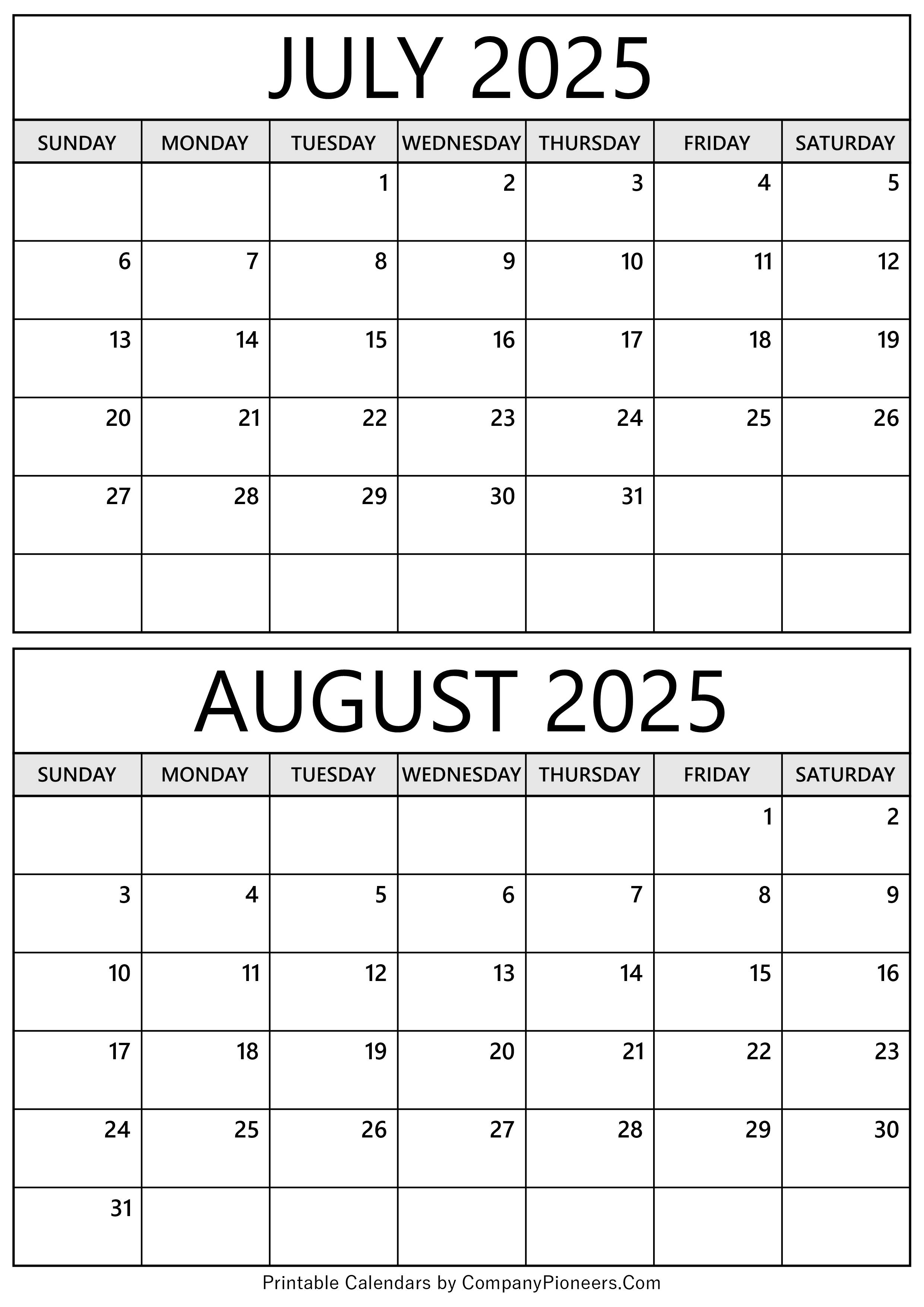 July August 2025 Calendar