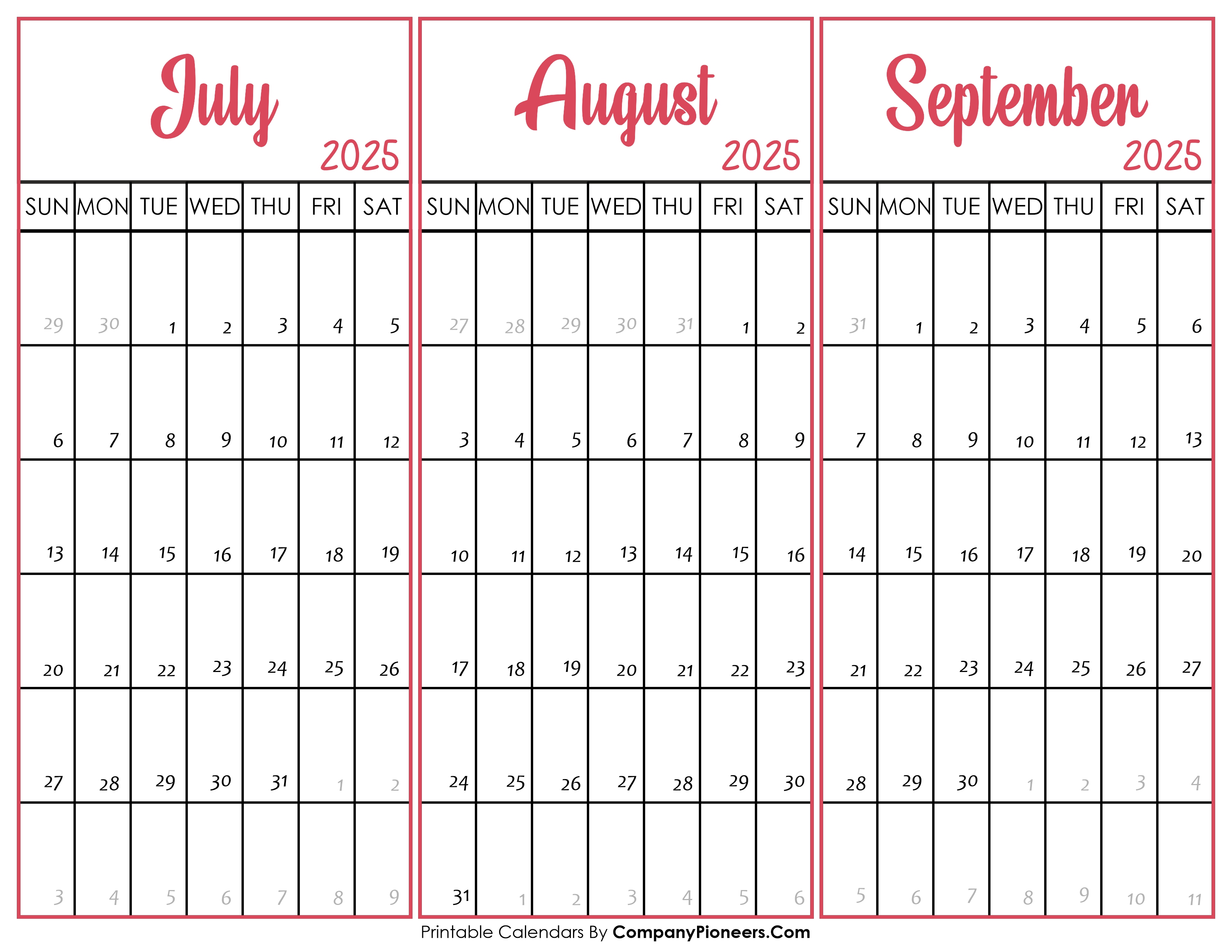 July August and September 2025 Calendar