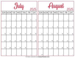 July and August Calendar 2025