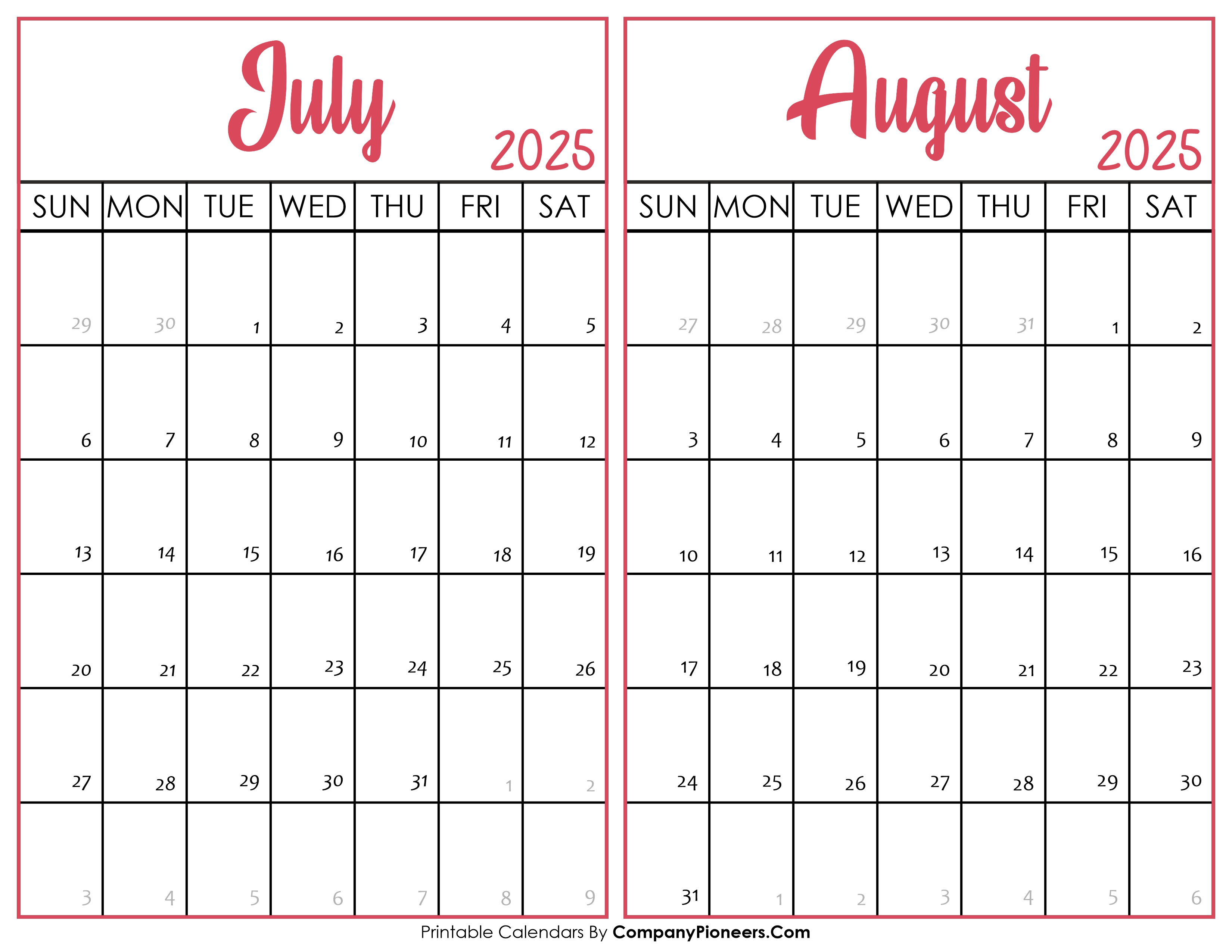 July and August Calendar 2025