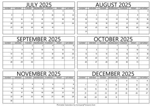 July to December 2025 Calendar