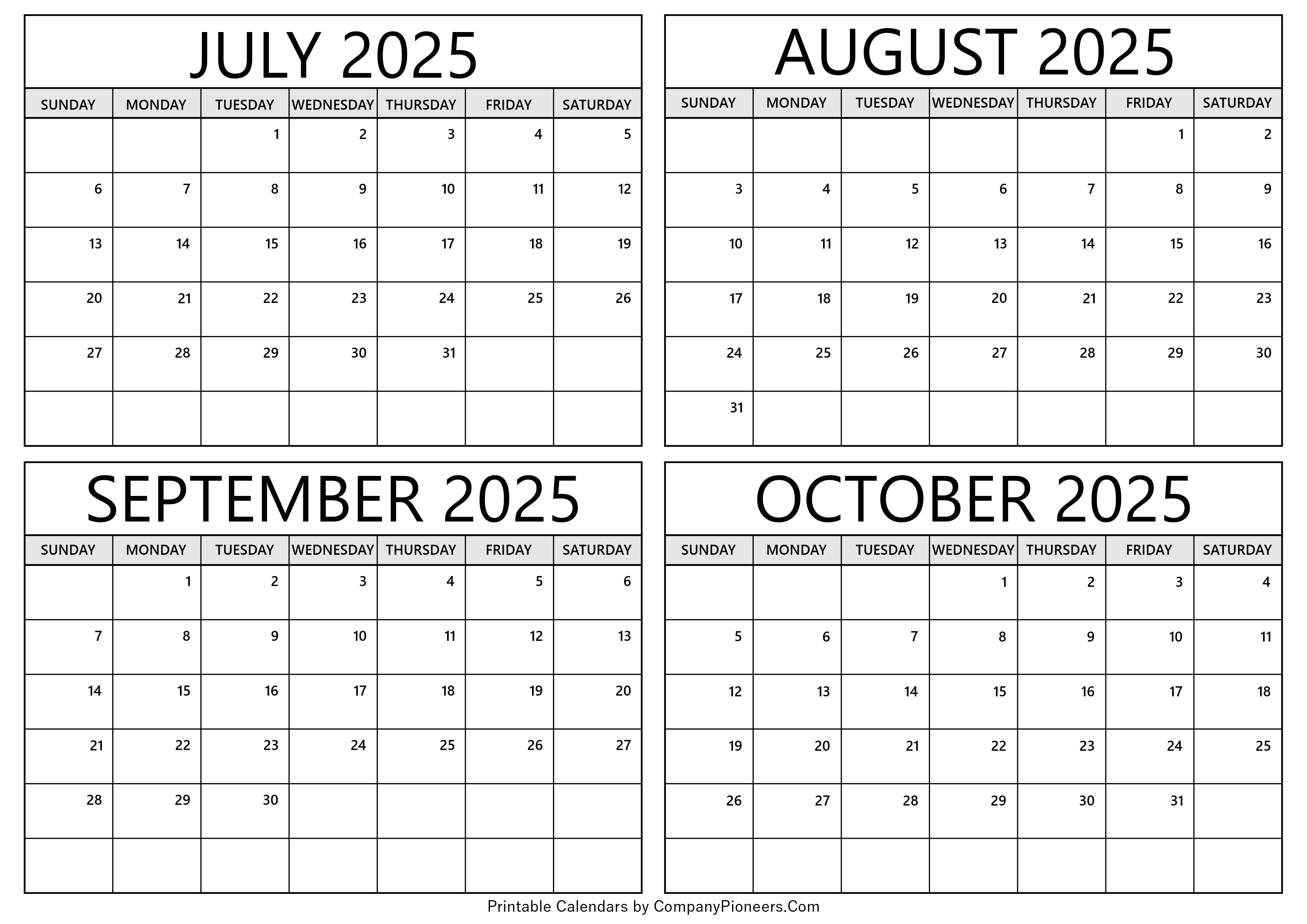 July to October 2025 Calendar