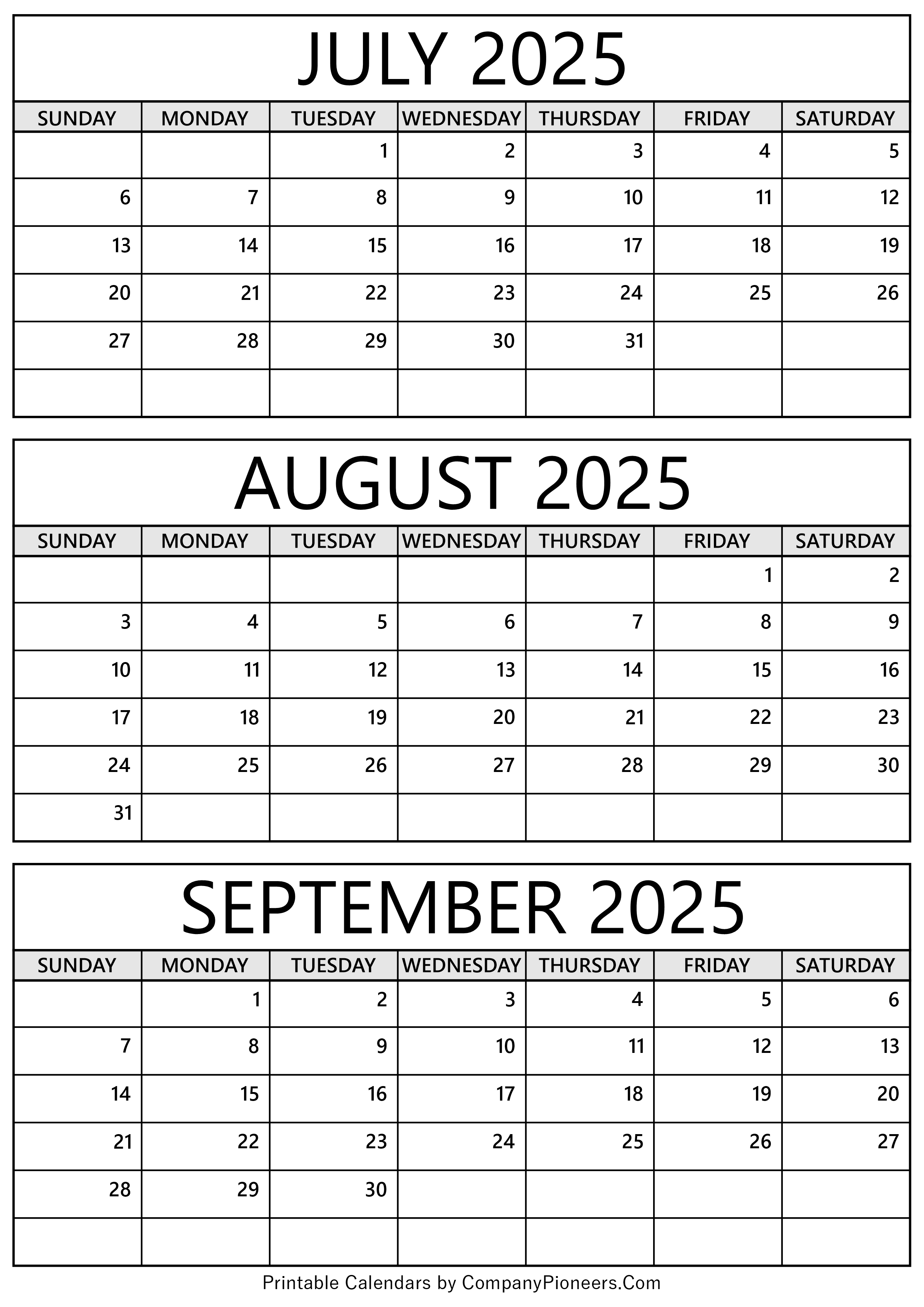 July to September 2025 Calendar