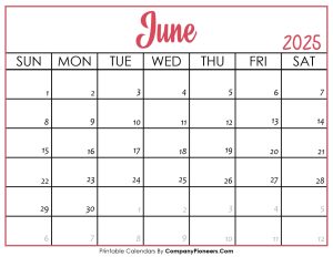 June 2025 Calendar Printable Pink Header