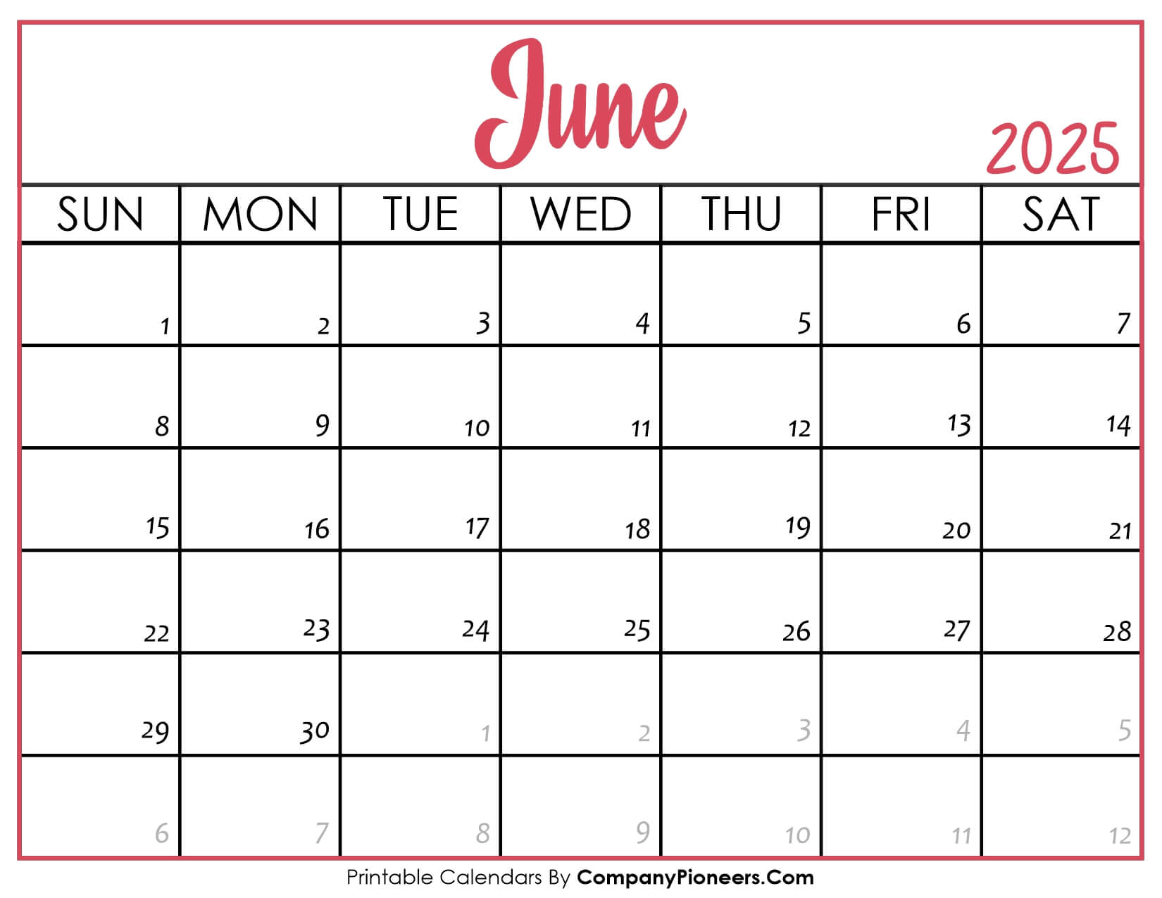 June 2025 Calendar Printable Pink Header